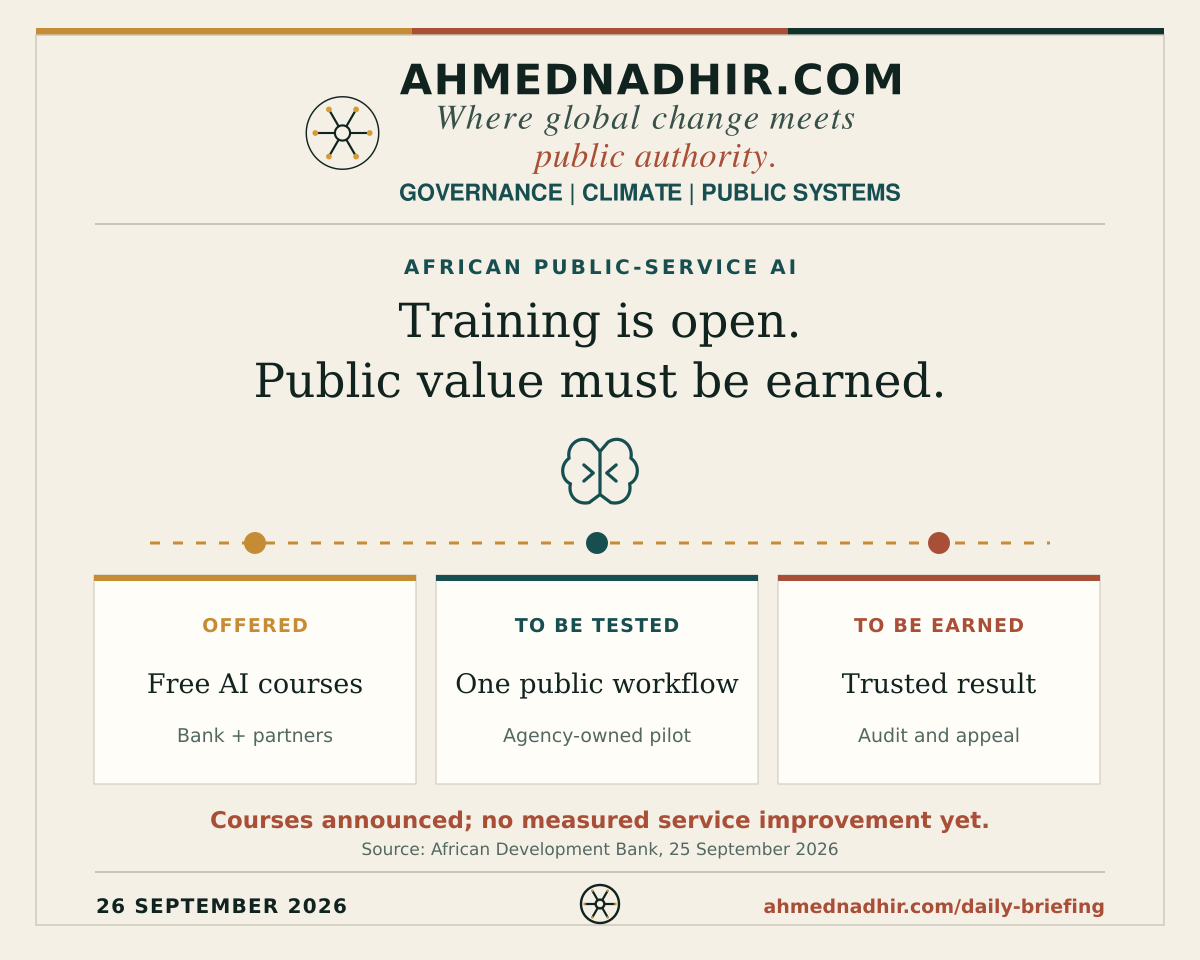 Ahmednadhir.com analytical diagram for African public-sector AI training. It distinguishes the announced free courses from the proposed institutional sequence: a selected service workflow, an independently checked pilot and an auditable decision. Course enrolment is announced; service outcomes have not been established.