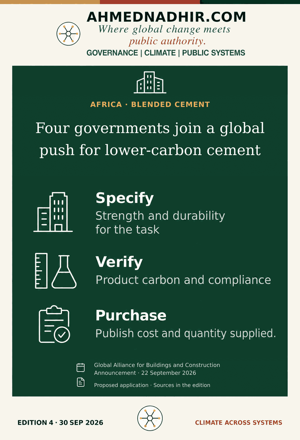 AFRICA · BLENDED CEMENT. Four governments join a global push for lower-carbon cement. Standards bodies, engineers and procuring ministries can test a performance-based specification on a suitable public project. At procurement and completion, disclose the product, strength, embodied emissions, quantity, price and maintenance implications.
