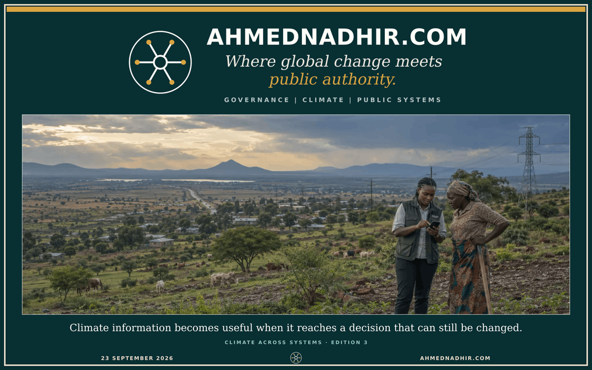 An agricultural adviser and a farmer examine climate information on a phone in an East African landscape with farms, settlements and electricity infrastructure.