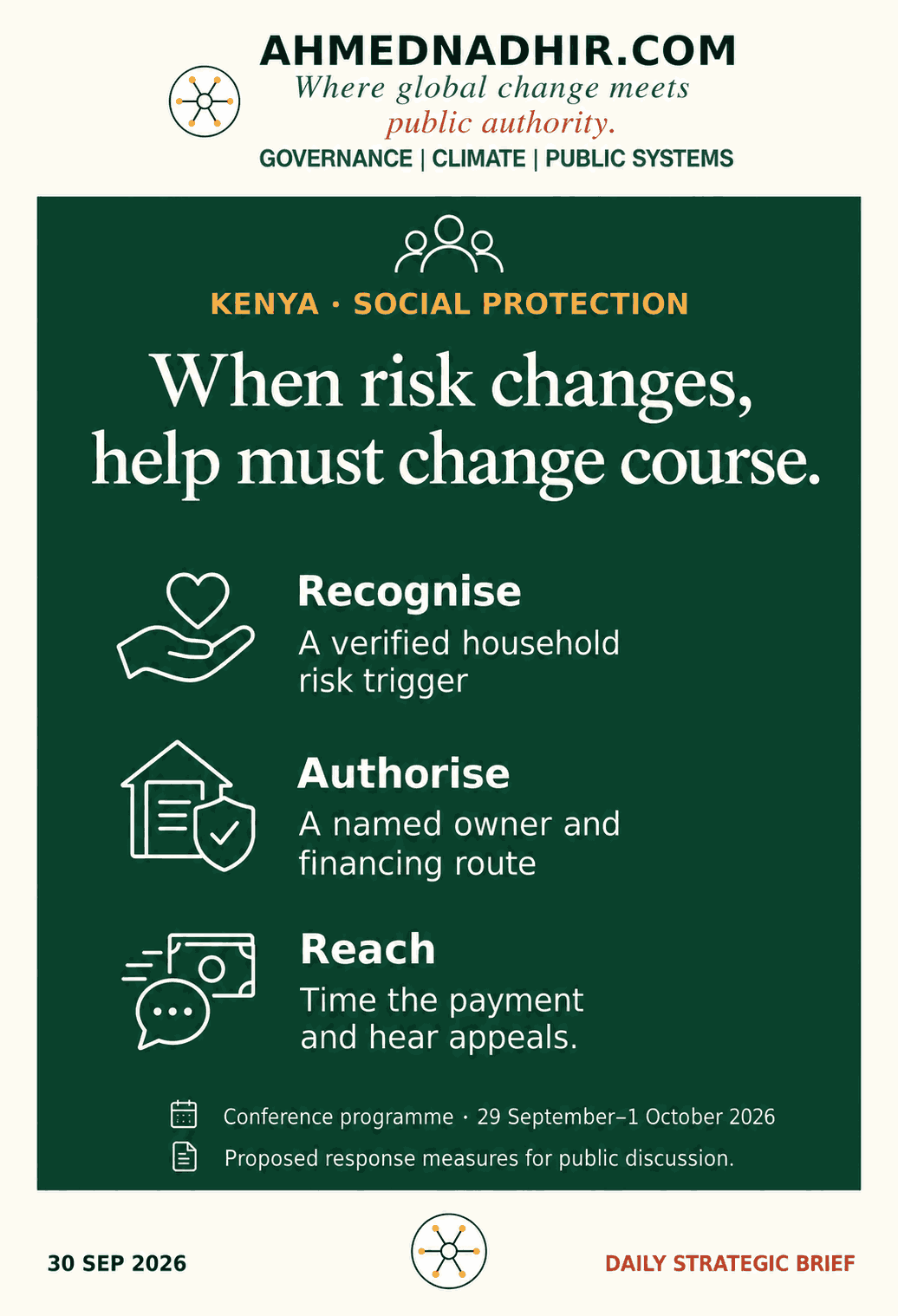 When risk changes, help must change course. Recognise: A verified household risk trigger. Authorise: A named owner and financing route. Reach: Time the payment and hear appeals. The 1.7 million-household figure is the organiser’s claim; a dated emergency response-time measure is not supplied.
