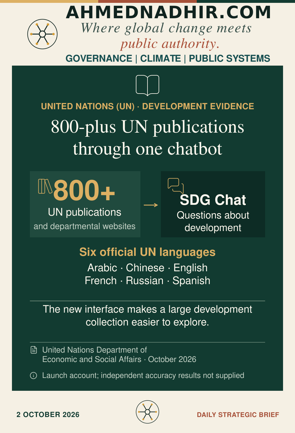 SDG Chat connects questions about development with more than 800 United Nations publications and departmental websites. It supports the six official UN languages: Arabic, Chinese, English, French, Russian and Spanish. The launch account describes a new way to explore this collection; it does not provide independent accuracy results.