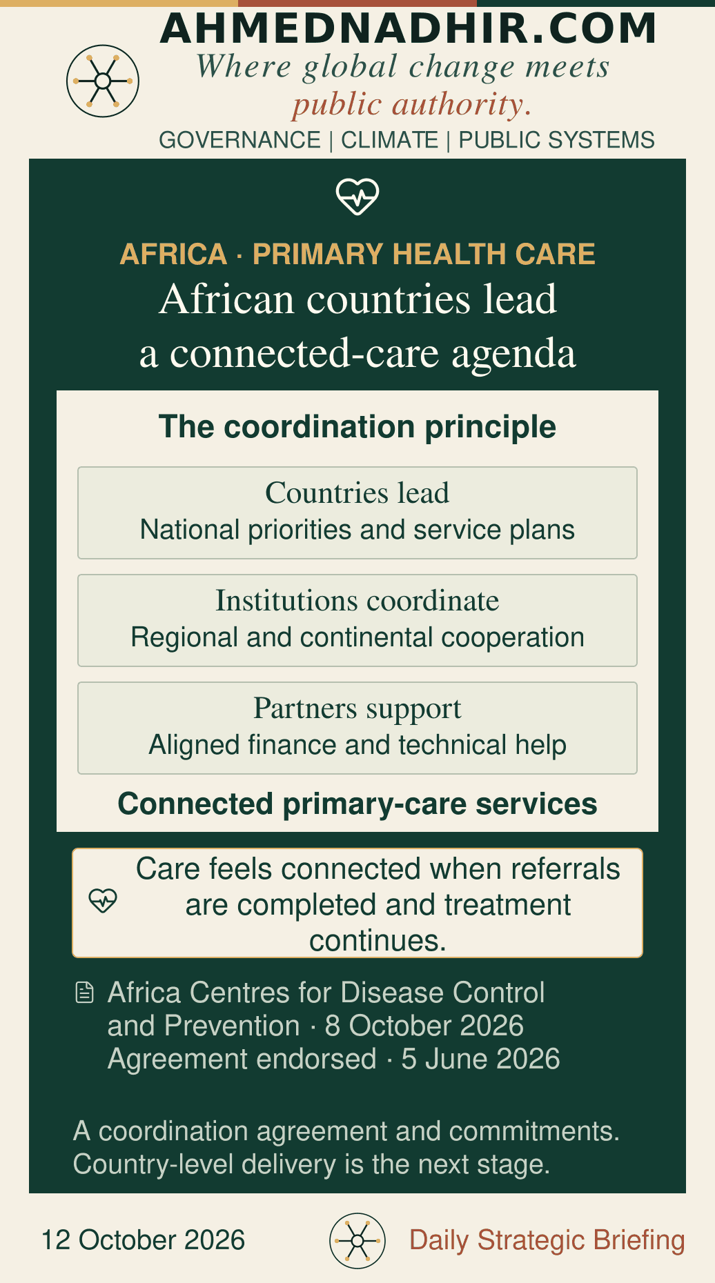 Africa CDC’s coordination principle: countries lead national priorities, regional and continental institutions coordinate, and partners support. Maternal care, immunisation, community health and disease prevention are connected in the proposed approach. Statement published 8 October; agreement endorsed 5 June 2026.