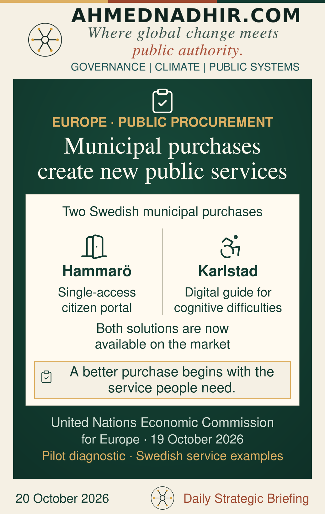 Two Swedish municipal examples described by UNECE: Hammarö’s single-access citizen-services portal and Karlstad’s digital guide for people with cognitive difficulties. Both solutions are reported as available on the market. Distinct door and accessibility icons illustrate the services. No savings, user outcomes or procurement scores are shown. A new diagnostic was tested on 12–13 October and reported on 19 October 2026.