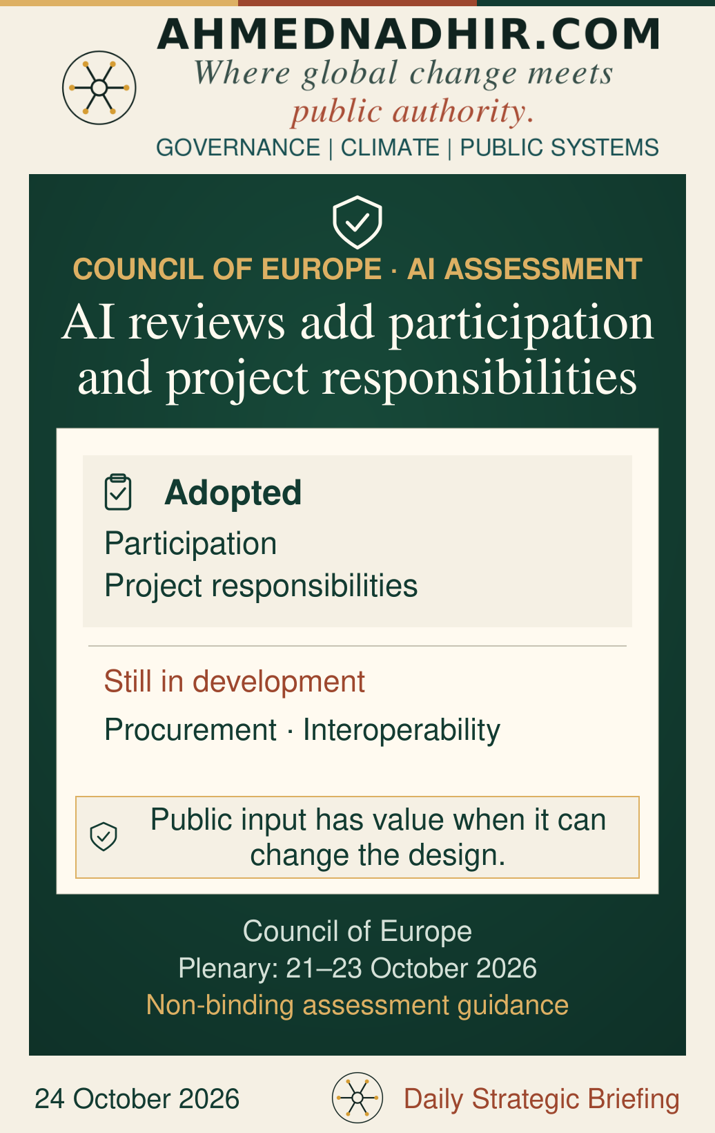 A status panel distinguishes two adopted AI assessment components, participation and project responsibilities, from procurement and interoperability work still in development. Adoption occurred at the 21–23 October plenary.
