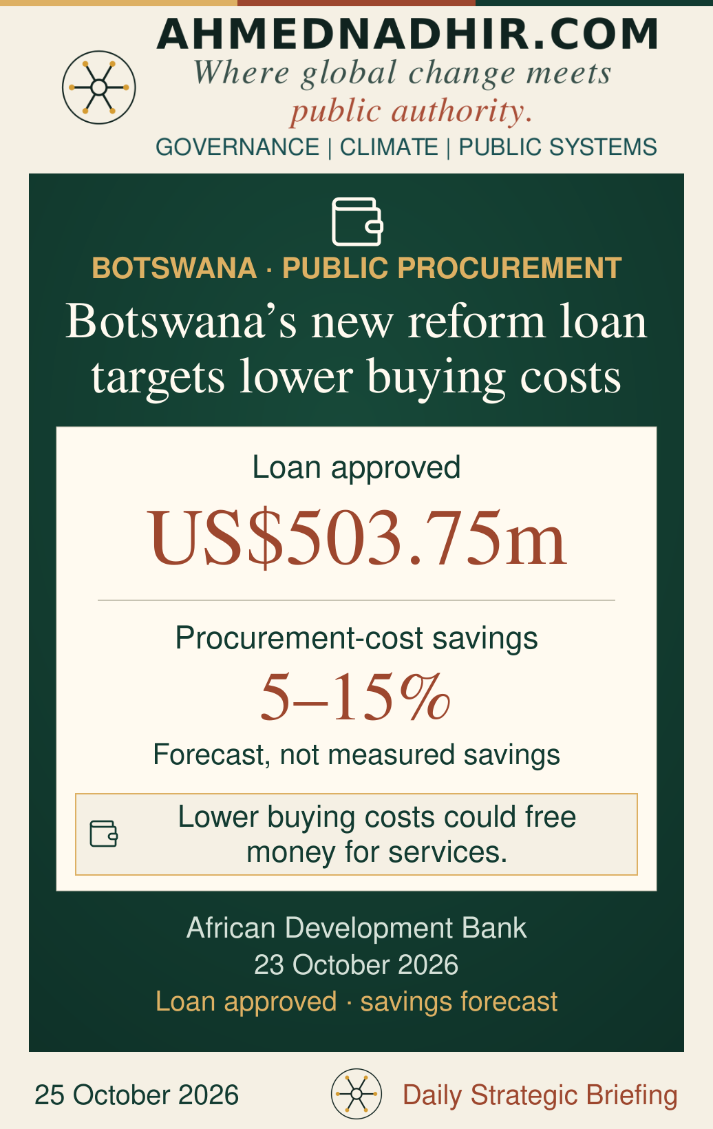 Botswana’s US$503.75 million loan approval is shown separately from forecast procurement-cost savings of 5–15 per cent. The figures have different units and do not represent money disbursed or savings achieved. Programme series: 2026/27–2027/28.