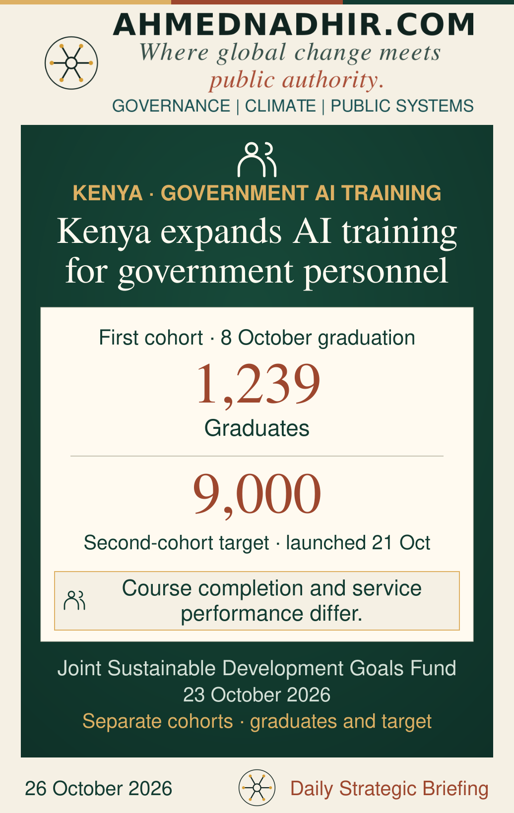 Separate cohort figures: 1,239 graduates from the first course, with graduation on 8 October 2026; 9,000 public servants targeted by the second course launched on 21 October. The counts are not a completion-rate comparison.