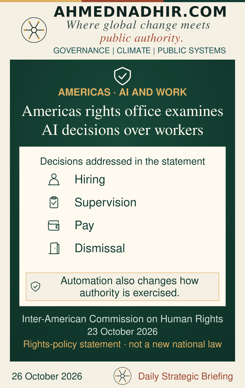 An illustrative employment-decision sequence shows hiring, supervision, pay and dismissal as areas addressed by the inter-American statement. It is not a measured count of deployed systems or a diagram of a new law.