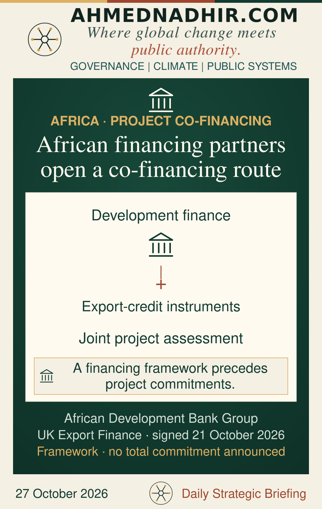 An illustrative relationship links African Development Bank Group development finance and UK Export Finance export-credit instruments to joint identification and assessment of project opportunities. It does not show a loan approval, committed amount or money disbursed.