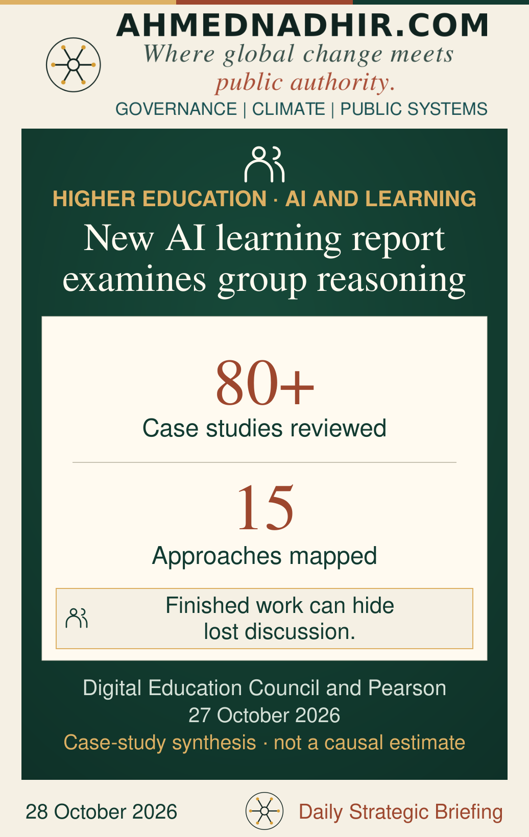 The Digital Education Council and Pearson’s collaborative-learning report reviews more than 80 case studies and maps 15 approaches. These are counts of evidence reviewed and approaches described, not student counts, prevalence rates or measured learning effects.