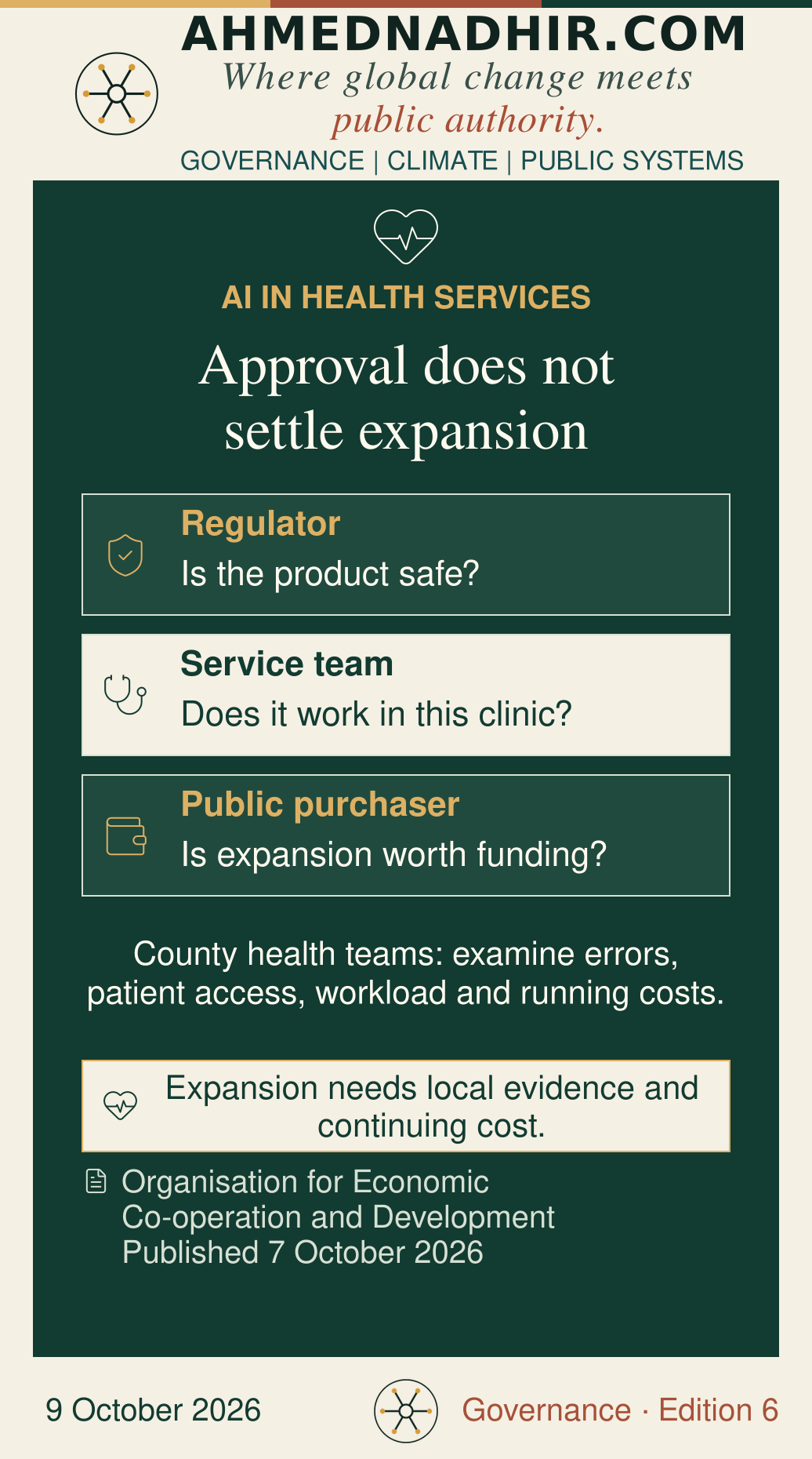 Product approval, local service evaluation and public funding for expansion answer different questions. Product safety does not establish local improvement or continuing affordability. Editorial analysis of the Organisation for Economic Co-operation and Development proceedings.
